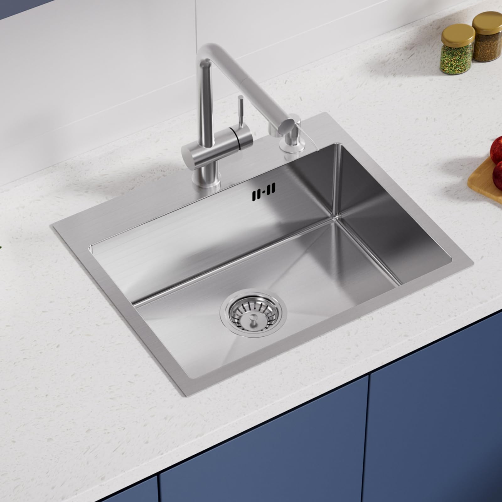 Auralum Fregadero de acero inoxidable 55 x 45 cm + grifo de cocina flexible, incluye dispensador de jabón y sifón, fregadero con grifo, set de cocina