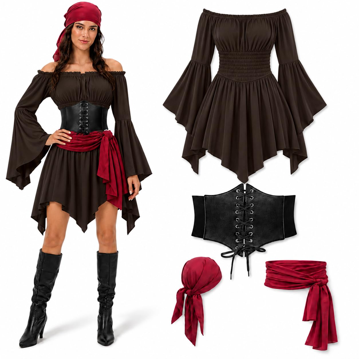 Pirate Costume Women Fancy Dress For Adults Halloween Costumes 4 PCS Fashion Outfits Plus Size Medieval Dress Outfits Clothing for Cosplay
