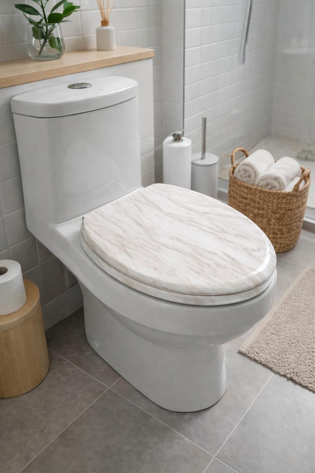 Wooden Toilet Seat with Unique Design 18 Inch MDF Wood Toilet Seat Replacement Bathroom WC Seat Easy to Clean Fixing Included. (Blush)