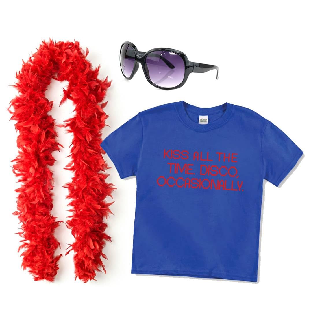 Ladies Pop Tie Costume Set - Large - Yellow T-Shirt with Red Pop Tie Print, Red Feather Boa, Brown Sunglasses - Adults Womens Music Concert Tour Together Fancy Dress Costume