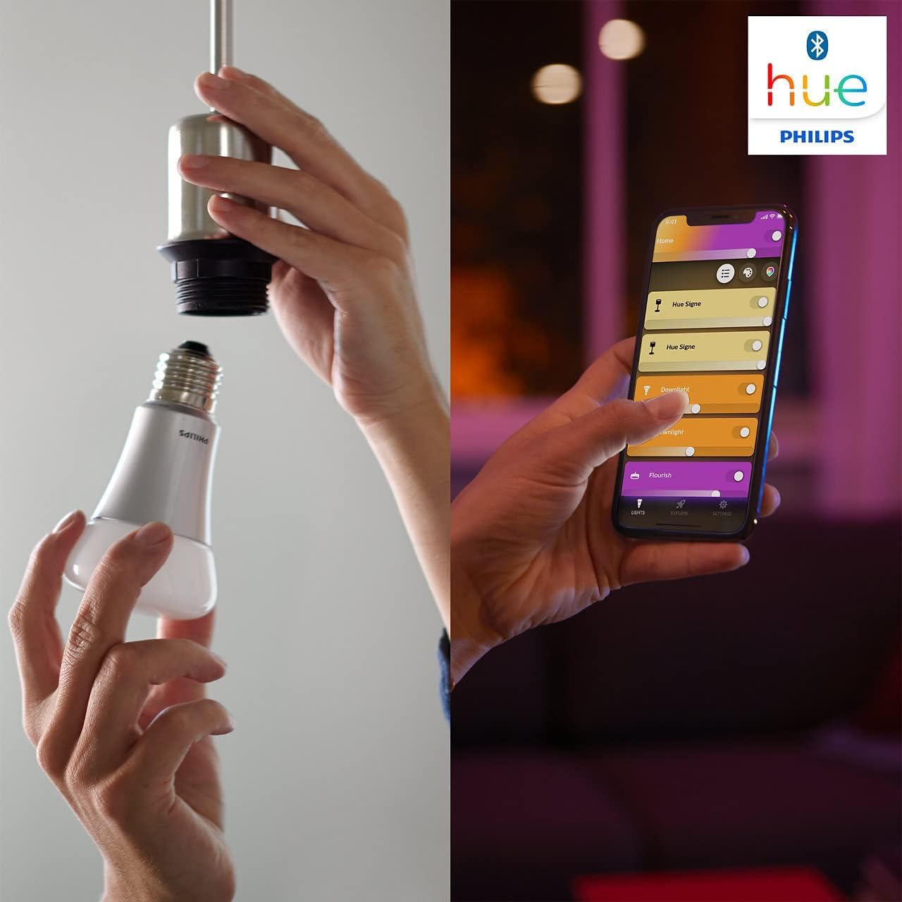 Philips Hue White and Color Ambiance Starter Kit 2 Lampadine Smart con Bluetooth Attacco E27 e un Bridge Hue per Controllo del Sistema