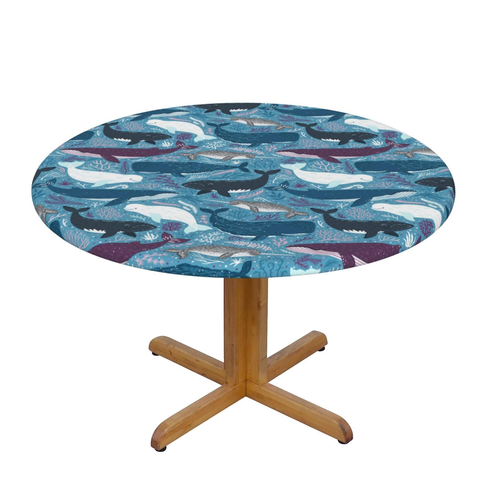 ESNAIUVCD Whale Pattern print Waterproof Round Tablecloth,Outdoor Table Cloth with Elastic Edged, Elastic Tablecloth Wipeable, Garden Table Cloth Suitable for sizes 90cm-140cm