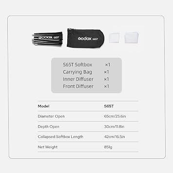Godox S65T 65cm Softbox Quick Release Umbrella Softbox Professional Foldable Softbox with Standard Bowens Mount Diffuser for Photo Studio Photo Portrait Livestream