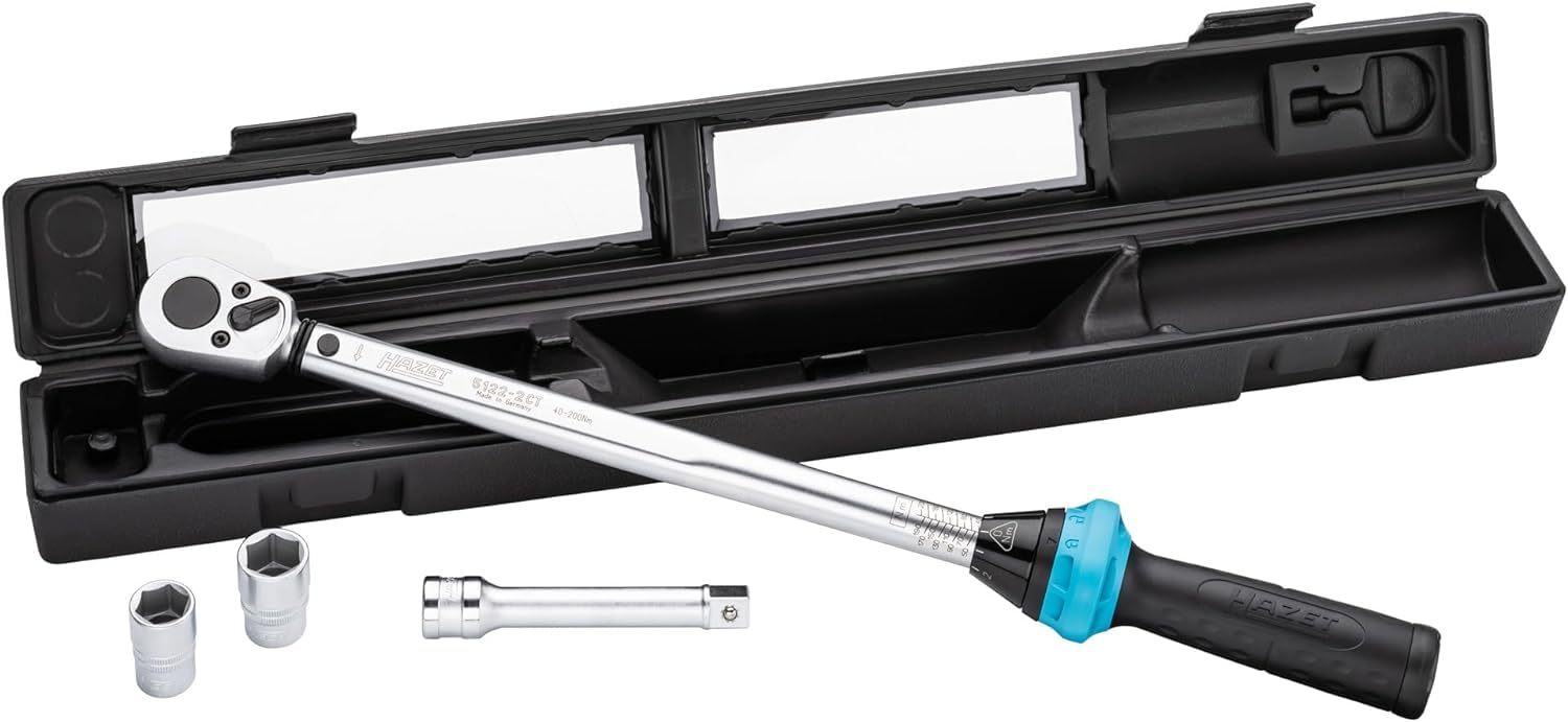 Juego de llaves dinamométricas HAZET 5122-2CT/5 con carraca reversible 12,5 mm (1/2") 40-200 mm - ideal para apretar con precisión tuercas y tornillos de ruedas - para hobby, taller e industria
