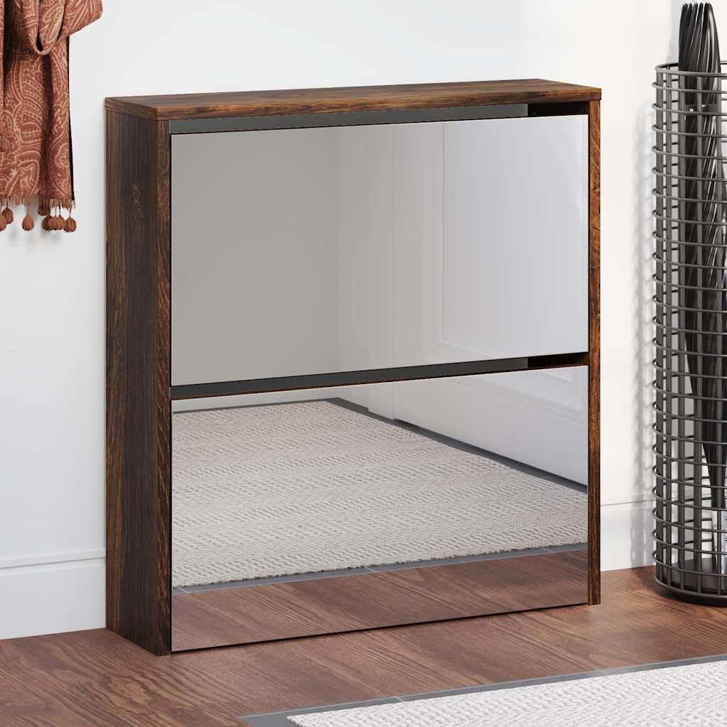 Mangloder - Zapatero con espejo, roble ahumado, 2 compartimentos basculantes, 63 x 17 x 67 cm, espacio para 6-8 pares de zapatos, ahorra espacio, para pasillo, pasillo, dormitorio, orden y