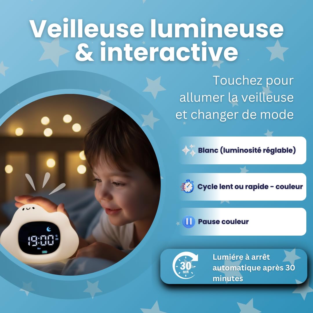 Sveglio bambino educativo giorno/notte - luce notturna per bambini musicale e luminosa, 4 anni di luminosità, orologio educativo con musica rilassante, rumore bianco, decorazione per camera da letto