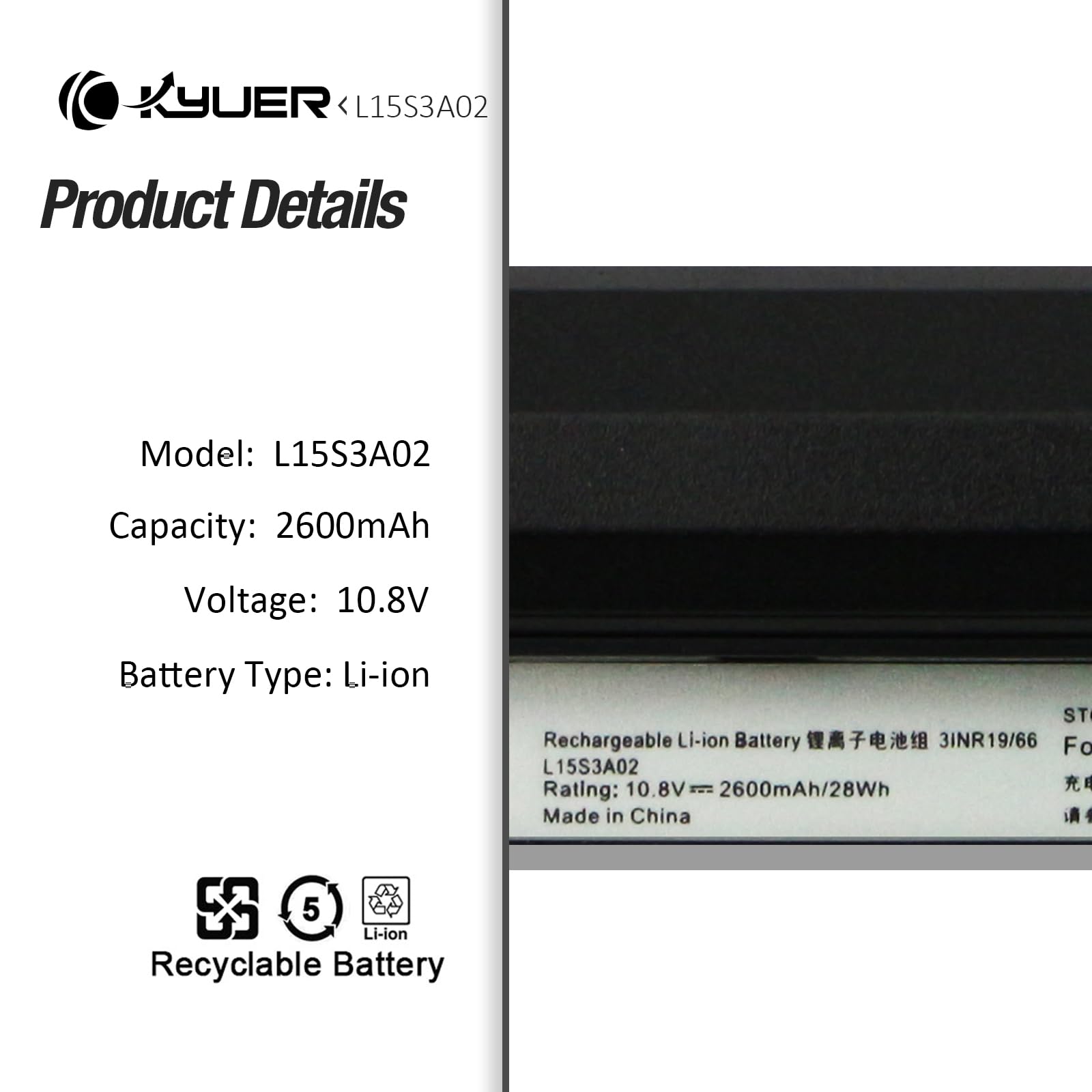 K KYUER L15S3A02 Batteria per Le-novo IdeaPad 110-14AST 110-14IBR 110-15AST | 110-15IBR 110-15ACL 110 Touch-15ACL Series Laptop Type 80TQ 80T6 80UJ 80TR 80T7 80W2 80TJ 80V7 5B10L04215 L15L3A03 L15C3A03