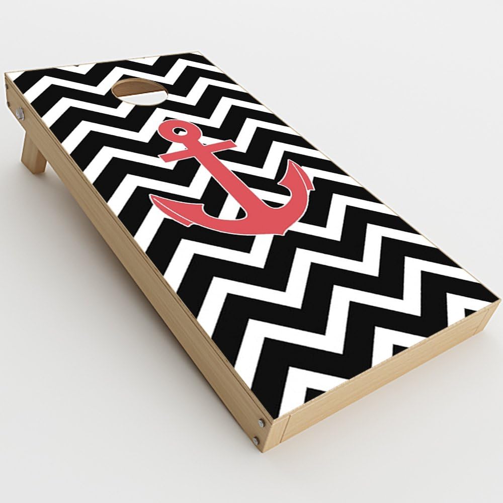 Skin Decal Vinyl Wrap for Cornhole Game Board Bag Toss (2xpcs.) Skins Stickers Cover/Black Chevron with Rose Anchor
