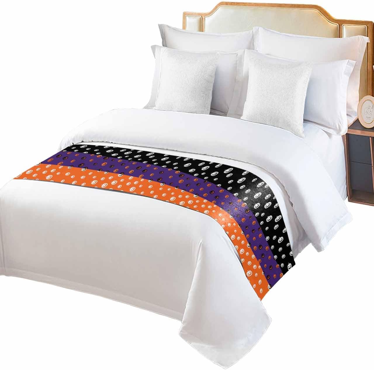 Halloween Bed Runner Scarf Halloween Pumpkins Black Purple Orange Stripes Bedding Scarf Decorative Bed Runners Cover for Home Bedroom Hotel Wedding Room Bed Scarf for Foot of Bed Queen 83x20in