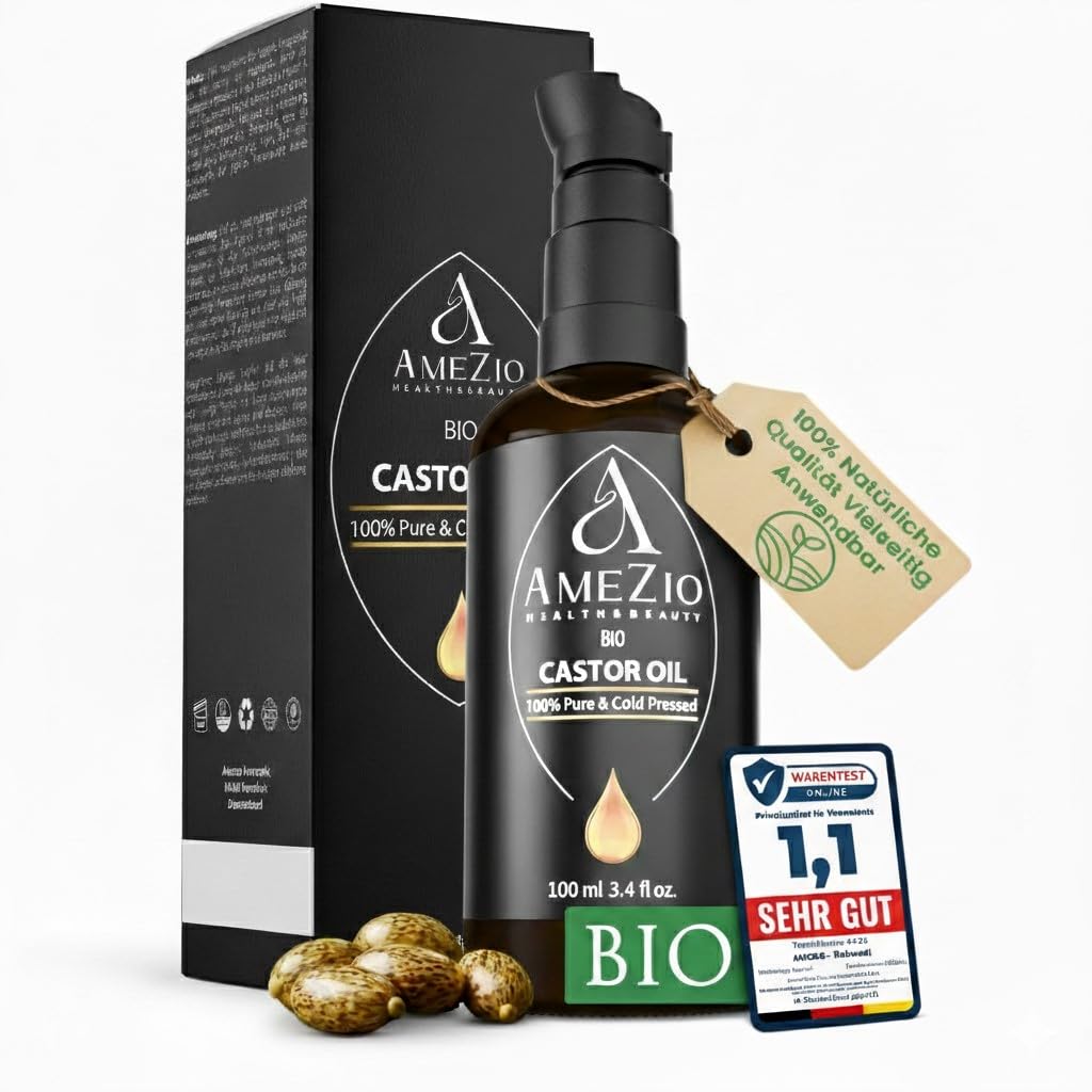 Rizinusöl Bio Kaltgepresst I Für Haare, Körper, Haut, Wimpern, Augenbrauen, Bart, Nägel I 100% rein & nachhaltig I Natürlich für Kosmetik I Hautpflege I Vegan & Tierversuchsfrei I 100ml