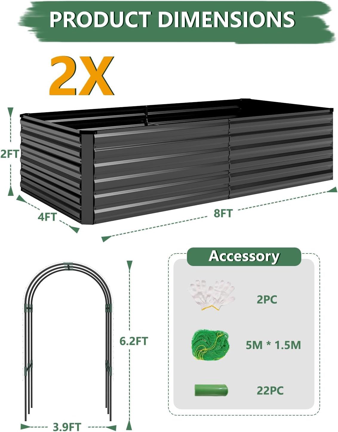 FOOWIN Raised Garden Bed with Arch Trellis for Climbing Plants,Galvanized Raised Garden Bed,Planter Boxes Outdoor for Vegetables Flowers Herb,478 Gallon Capacity Black