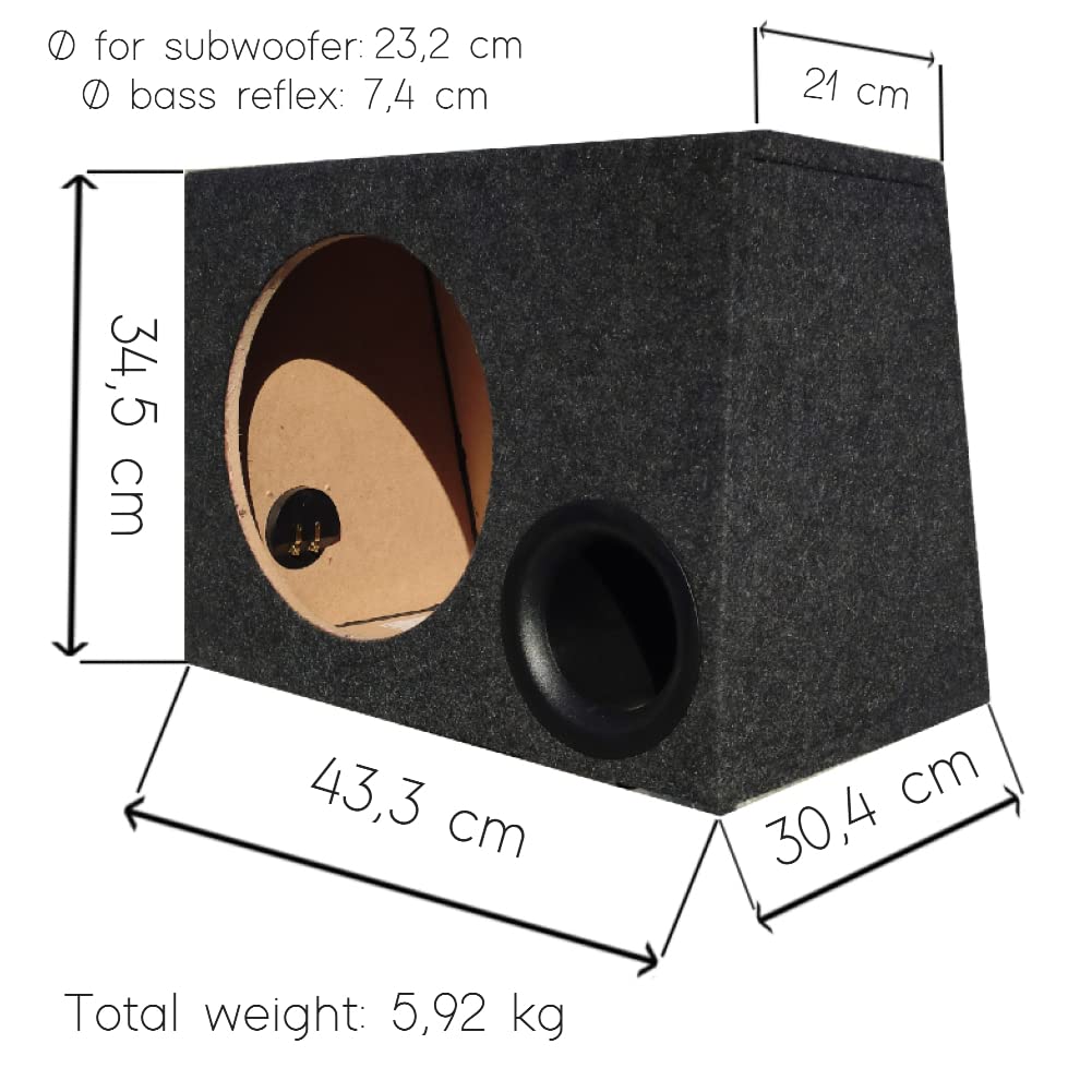 XPL 1 cassa trapezoidale bass reflex per subwoofer da 25 cm di diametro volume di 25 litri cofano bagagliaio auto, 1 pezzo