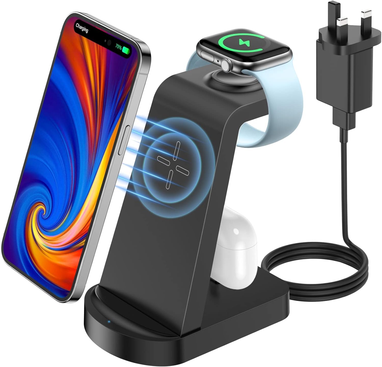 3 in 1 Wireless Charging Station, Wireless Charger for iPhone 15/14/13/12/11/Plus/Pro/Max, Wireless Charging Stand Dock for Apple Watch 9/8/Ultra/7/6/SE, AirPods 3/2/1/pro (with Adapter), Black