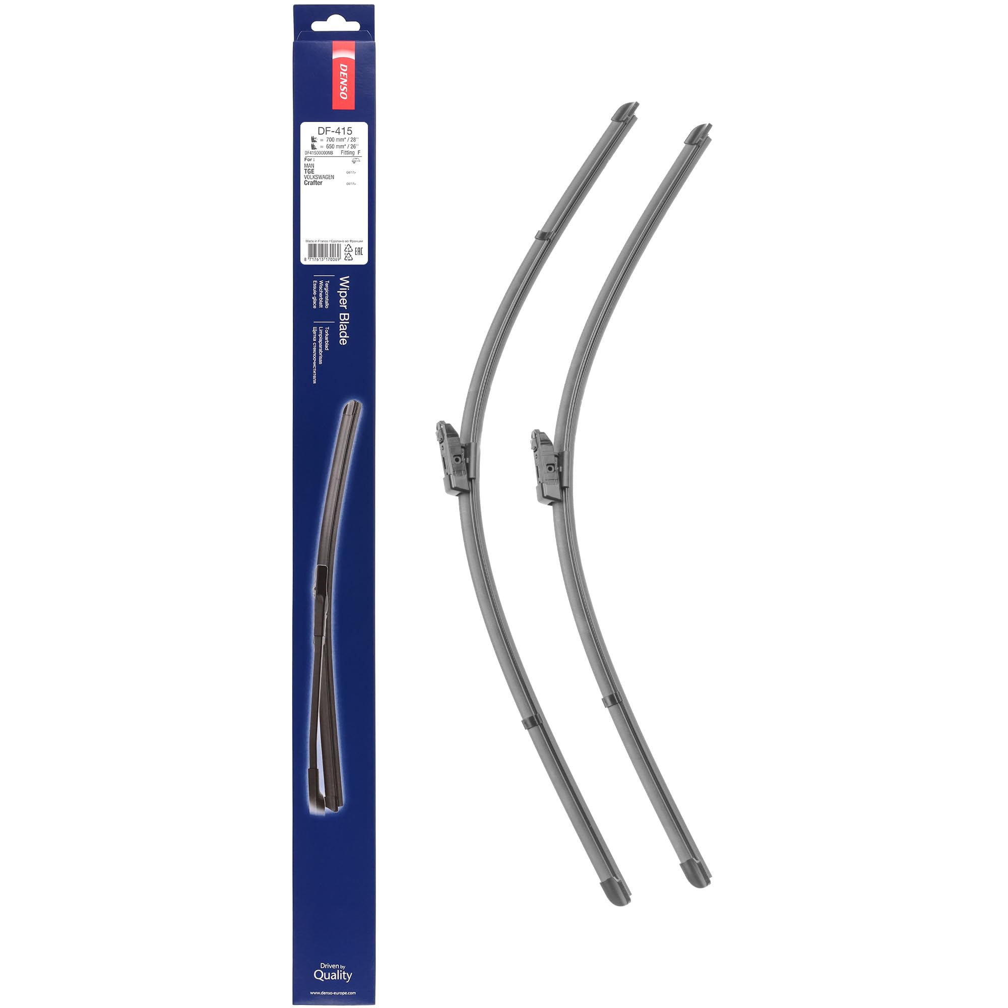 DENSO Flachwischer-Set DF-415 (700/650 mm, Linkslenker): Zwei leise, langlebige Wischer mit aerodynamischem Design. OEM-Qualität, breite Kompatibilität, 2 Jahre Garantie.