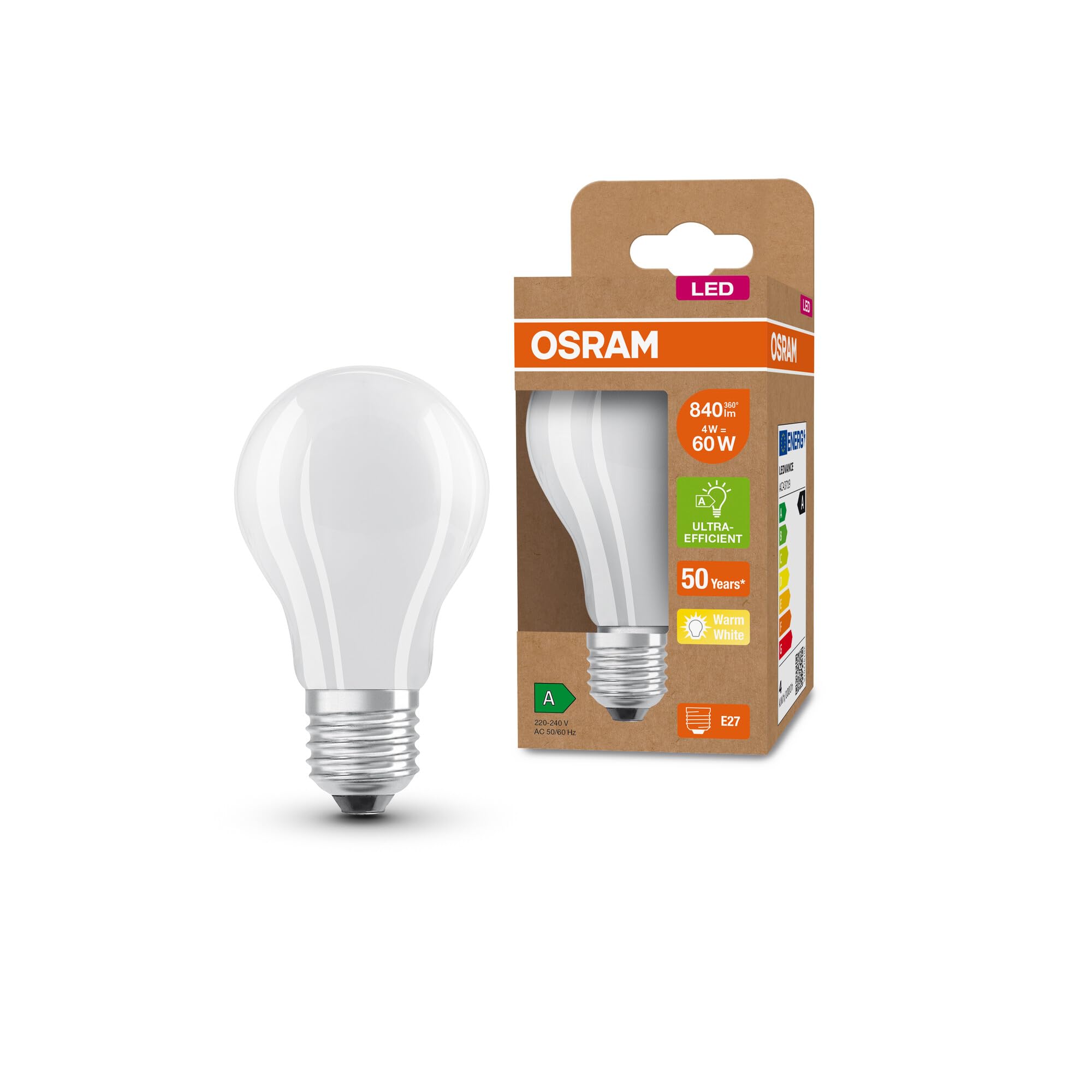 OSRAM LED Energy Saving lamp, Frosted Glass Bulb, E27, Warm White (3000K), 4 watts, Replaces 60W Bulb, Highly efficient and Energy-Saving, Pack of 1