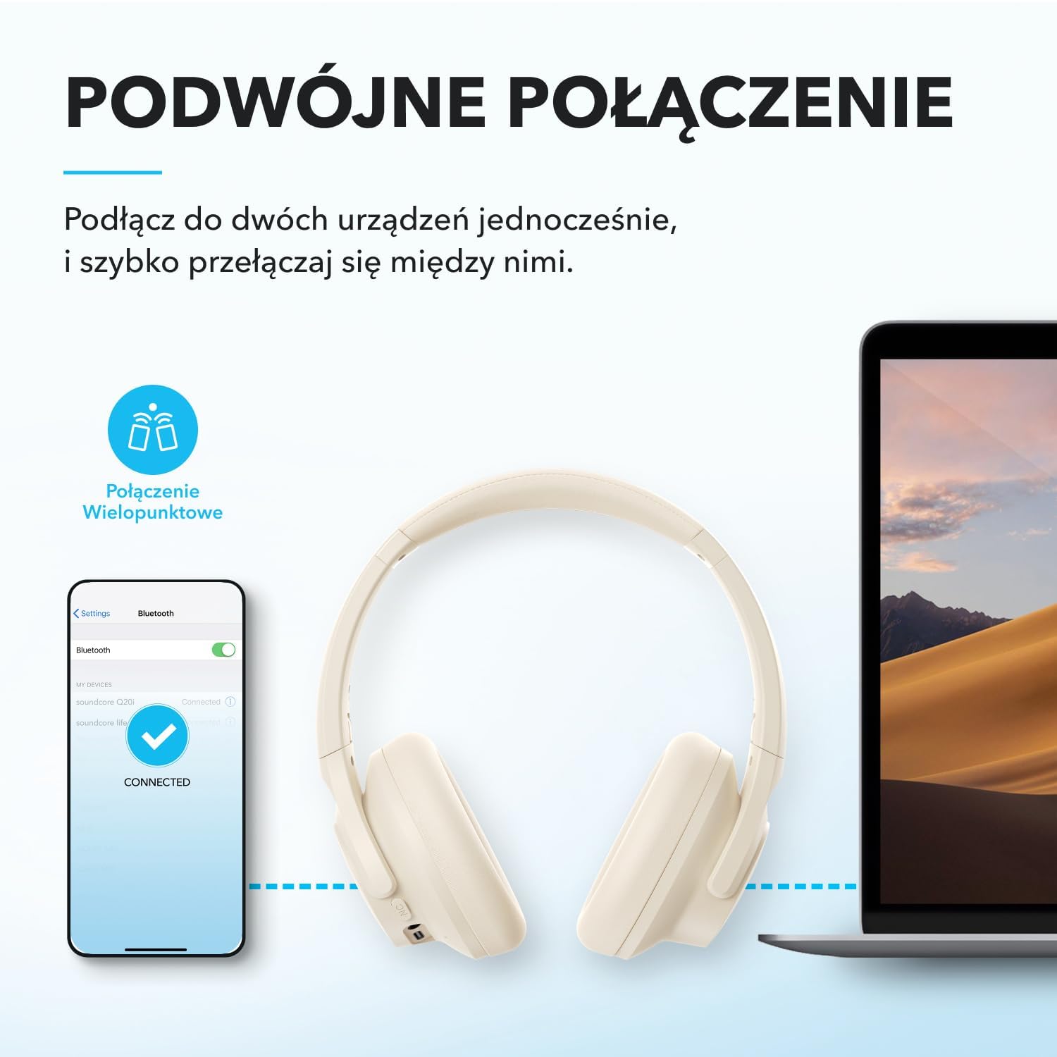 Słuchawki hybrydowe Soundcore by Anker Q20i(odnowiona) z aktywną redukcją szumów, bezprzewodowe nauszne Bluetooth, 40-godzinny czas odtwarzania ANC, dźwięk o wysokiej rozdzielczości, mocny bas