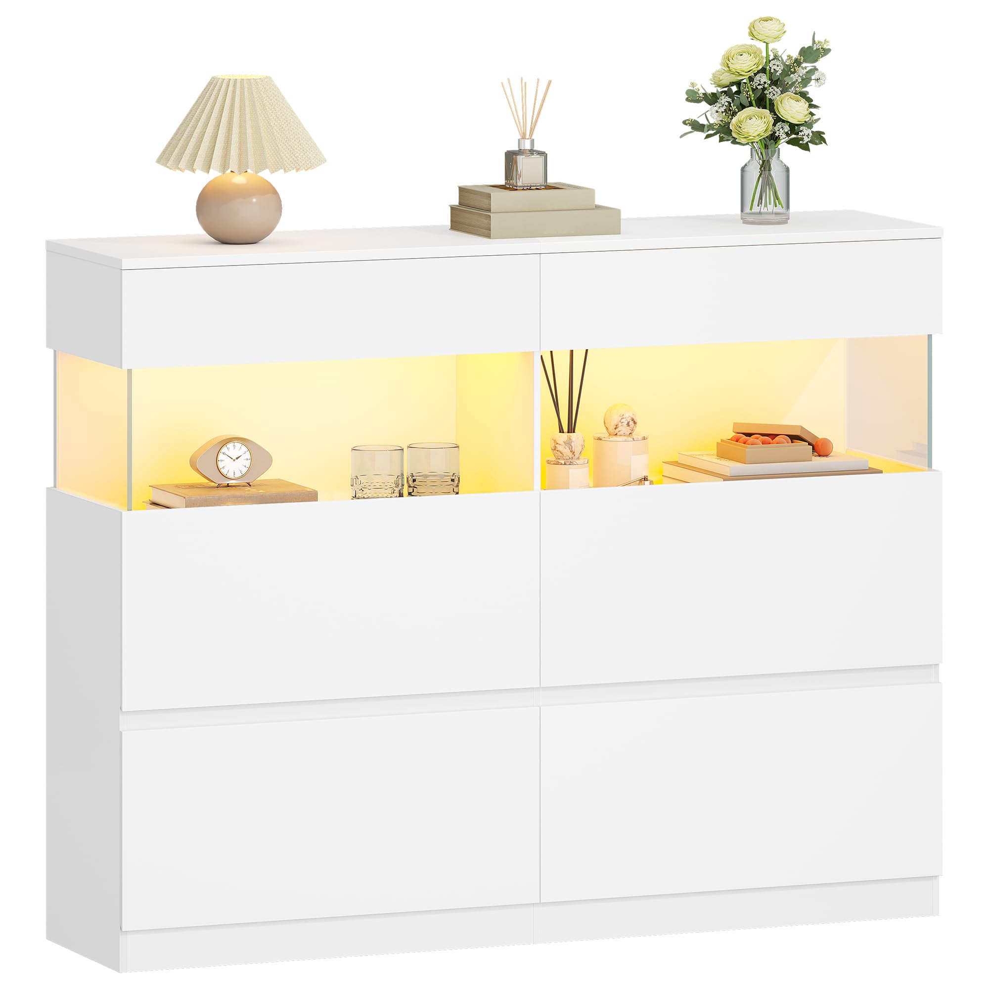 Hzuaneri 140cm Kommode mit LED-Beleuchtung und 2 Glas-Vitrinenelementen