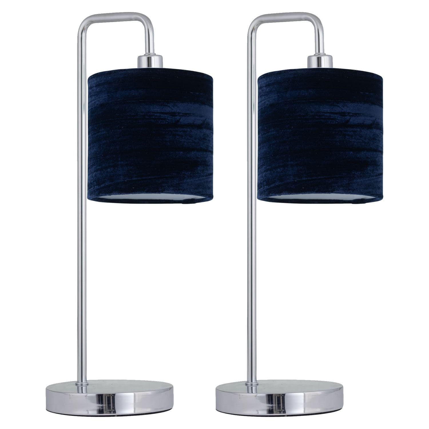 Set of 2 Chrome Arched Table Lamps - Navy Blue Crushed Velvet Shades - 46cm Height