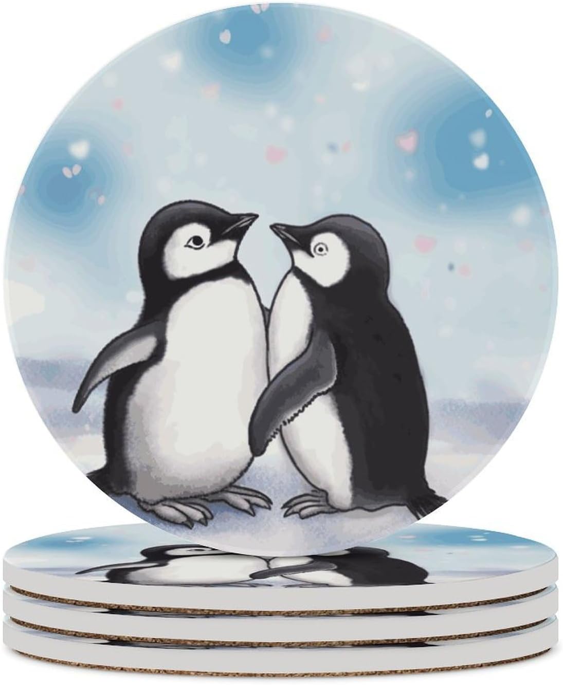 6PCS I Love Penguins Coasters Non-Slip Round Drink Coasters with Ceramic Stone and Cork Base, Heat Resistant Absorbent 33.00Stone Coaster Set for Kinds of Mugs and Cups, 4 Inch