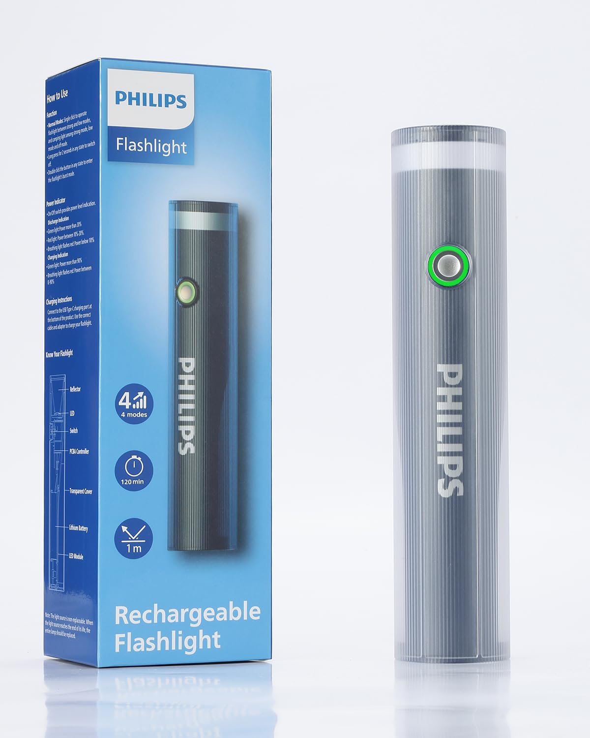 PHILIPS Portable Torch Light with Camping Light, 400LM LED Flashlight Rechargeable, 4 Ligting Mode, 150M Coverage, Anti-Drop Handheld Flash Light for Home, Camping, Hiking, Emergency（Gray）