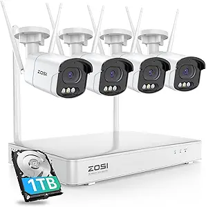 ZOSI 4MP QHD 2.5K WiFi Security Camera System Outdoor, 8 Channel H.265+ NVR, 4 X 4MP Wireless Camera, Color Night Vision, Plug-in, AI Detection, 2-Way Audio, Siren Alert, 1TB HDD for 24/7 Record asin的图片