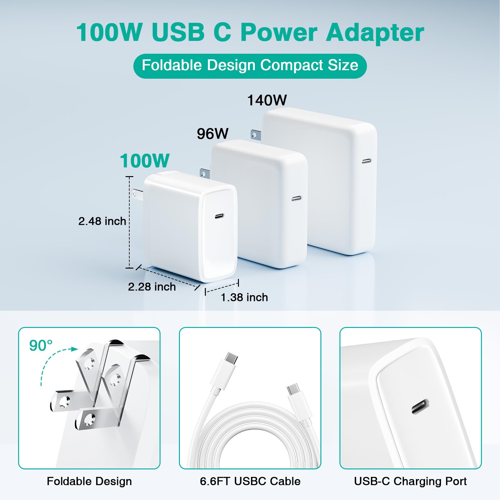 Cargador para Mac Book Pro - Cargador USB C de 100 W, cargador rápido compatible con MacBook Pro/Air, M1 M2 M3 M4, iPad, Samsung Galaxy y todos los dispositivos USB C, cable de 6.6 pies incluido