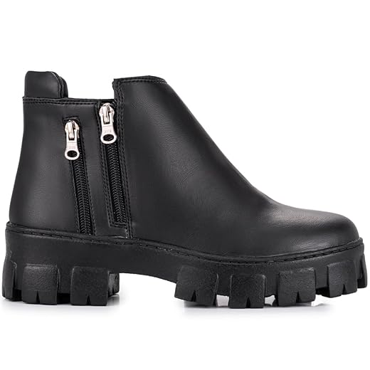 Bota Feminina Coturno Confort Tratorado Cano Curto, Zíper Lateral (Preto, BR, Adulto, Numérico, 35)