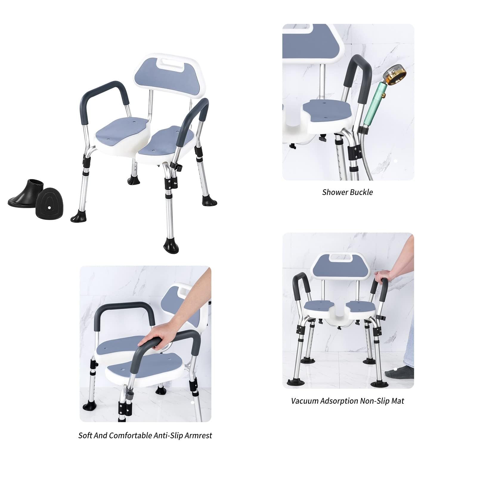 REHOOF Silla Ducha Personas Mayores, Taburete De Ducha Antideslizante, con Reposabrazos Y Respaldo, Silla De Bañ Altura Regulable para Personas Mayores Discapacitados Y Mujeres Embarazadas A