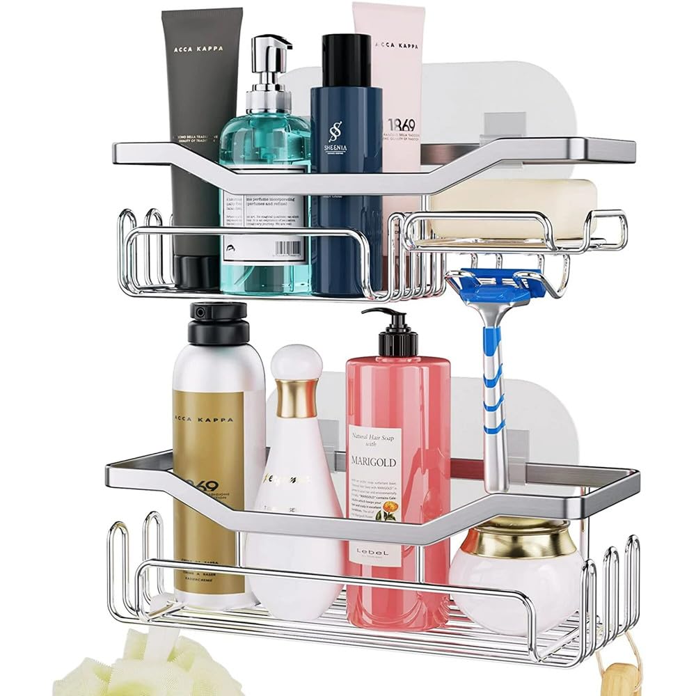 Speaku Shower Caddy Adhesive Build in Shampoo Holder No Drill Bathroom Sh-ower Organizers with Removable Hooks Rust Proof