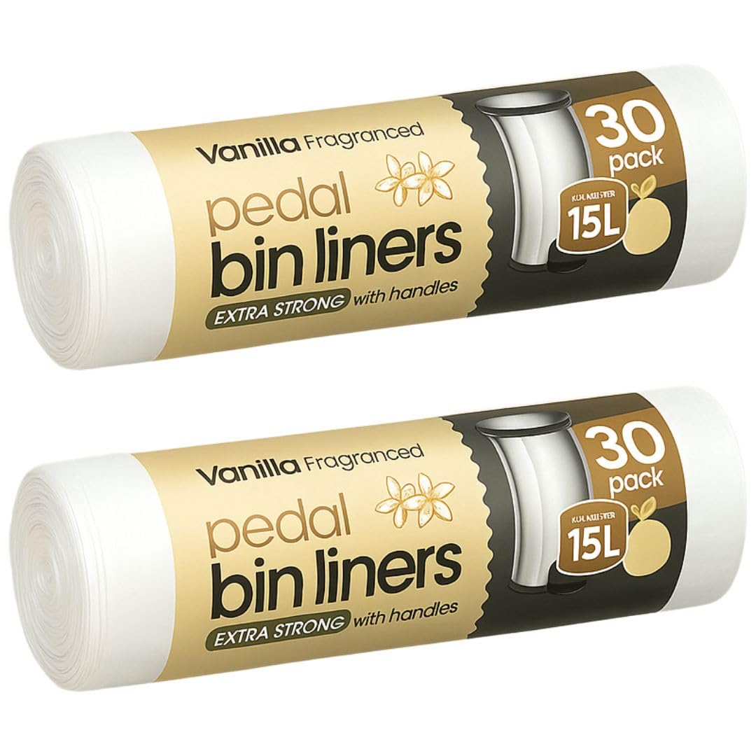 60 Extra Strong, Vanilla Scented Bin Liners 15L | Fragranced Pedal Bin Bags Vanilla bags 2 Rolls of 30 bags | 15L Bin Bags Scented | Pedal Bin Liners for Kitchen & Bathroom