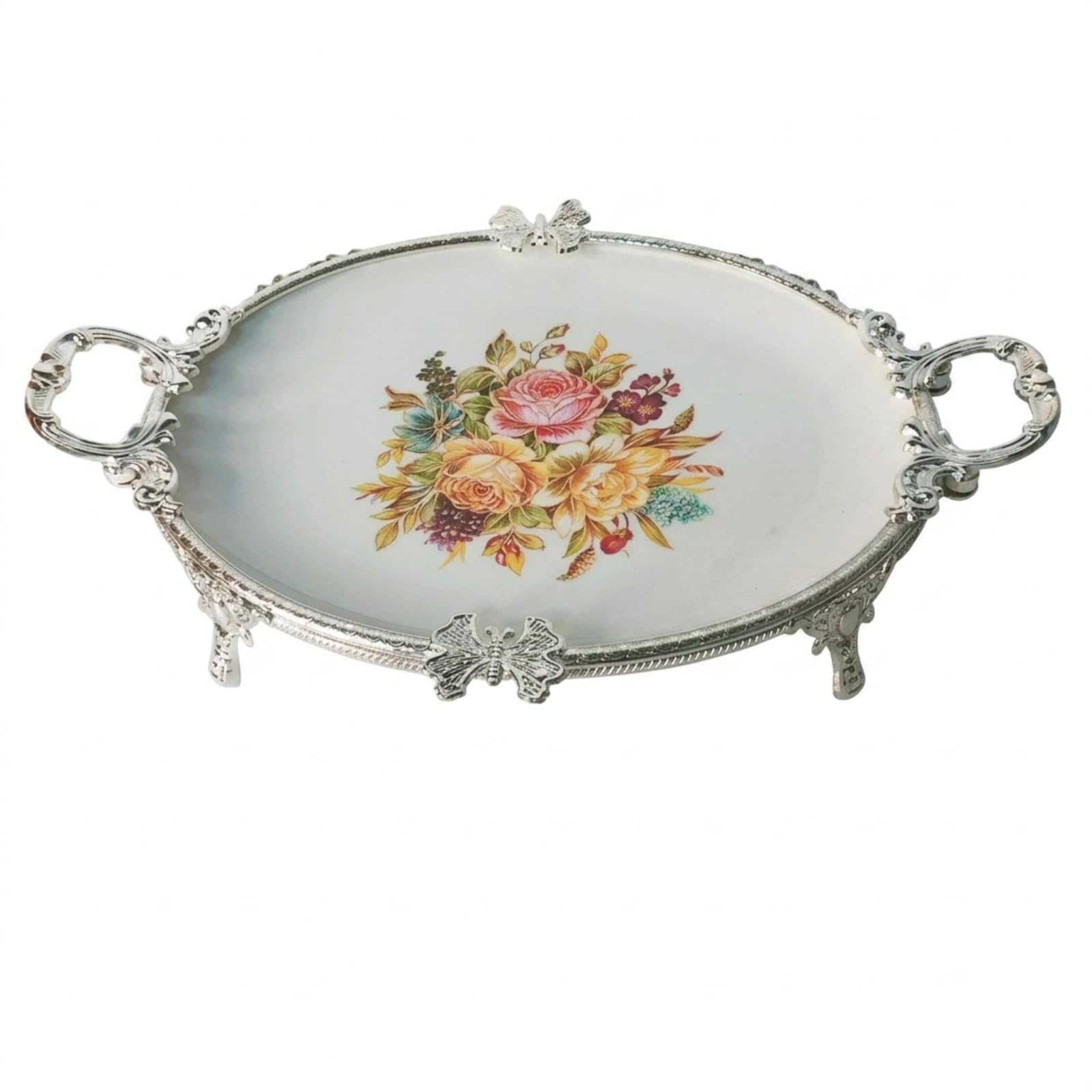 Piatto Industriale Vassoio Vassoio da Portata Vassoio Ovale Piatto da Servire Ceramica E Metallo con Manici Decorativi, Argento, Ovale 45 Cm, Argento con Motivo Floreale