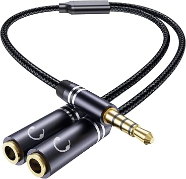 3.5 mm سماعة الفاصل، 36 cm/14 inch مرحبا فاي الأصوات تمديد كابل الصوت ستيريو Y الفاصل، 3.5 mm ذكر إلى 2 أنثى TRRS - 4 القطب، النايلون مضفر Aux كابل متوافق مع PS4، التبديل & أكثر