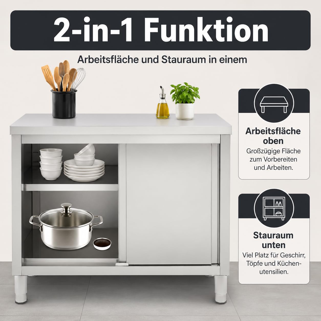 Outdoor Küche Edelstahl, 100x50x86cm Edelstahl Schrank mit Schiebetüren und Arbeitsplatte, 5-20 cm Verstellbare Höhenlagerung Bodenstehend Arbeitsschrank Küchenarbeitstisch für Küche, Garage, Kantinen