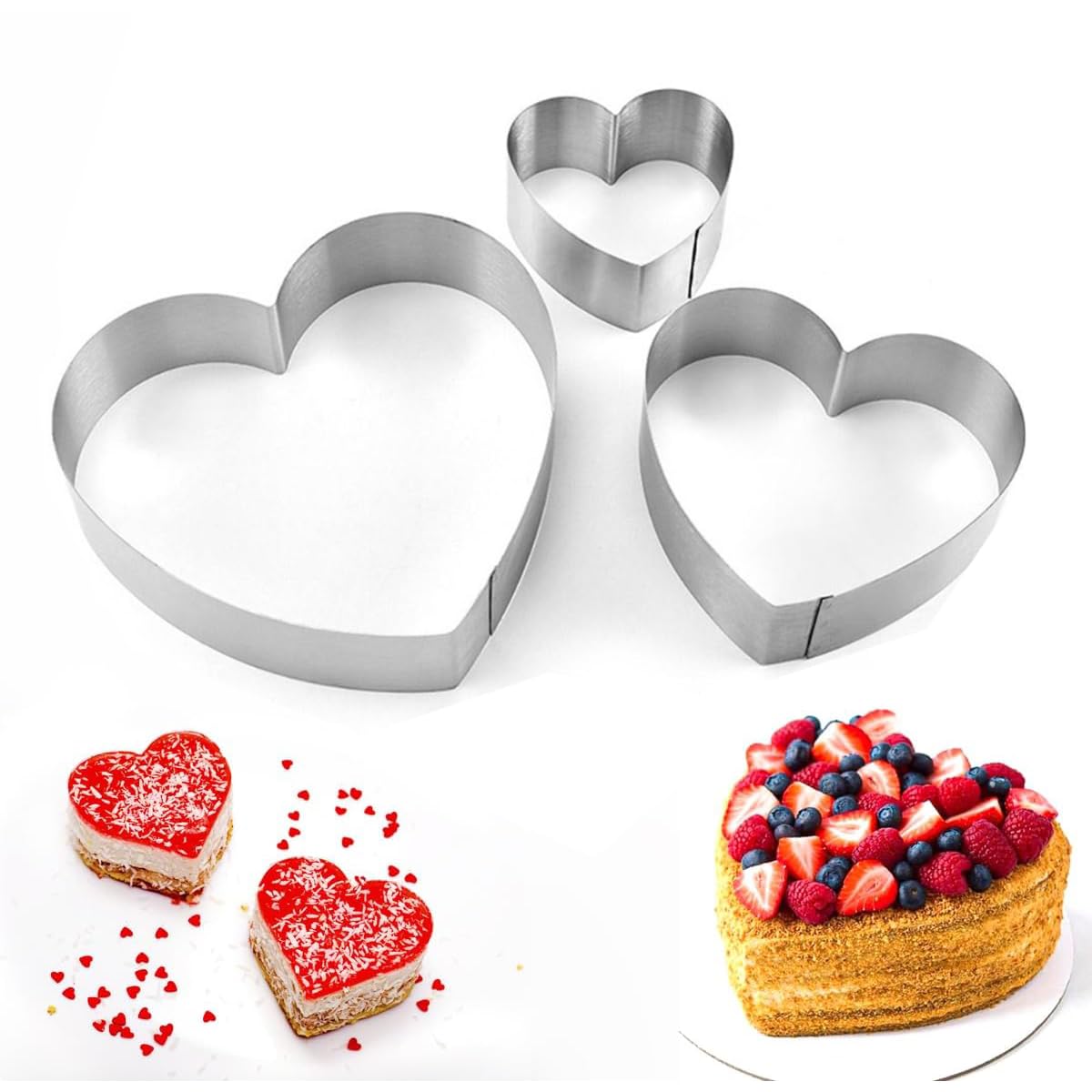 Stampi Per Dessert Acciaio Fonyet 3 Anelli Torta A Cuore - Acciaio Inox 10/15/20cm | Per Mousse E Pasticceria Coppa Pasta Tondo