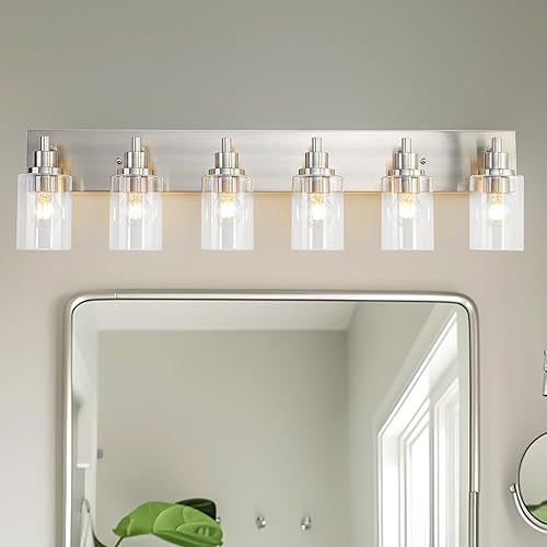 Miniatura 11 de LOUSACE Lámpara de tocador de baño de 6 luces de níquel cepillado, accesorios de iluminación de baño con pantallas de vidrio transparente sobre