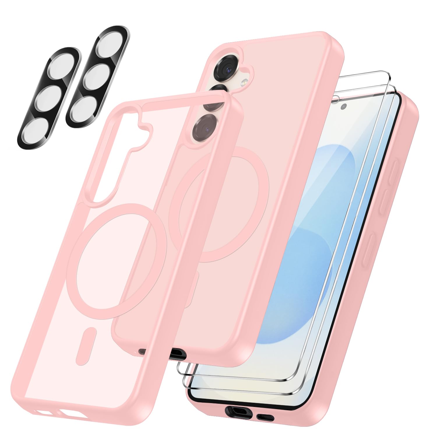 Cover per Samsung Galaxy S25 Fe 5G Compatibile con 2 vetri temperati e 2 vetri per Fotocamera, Translucent Matte Slim Back PC+TPU Bumper Shockproof Compatible Magnetic Cover per - Rosa Chiaro