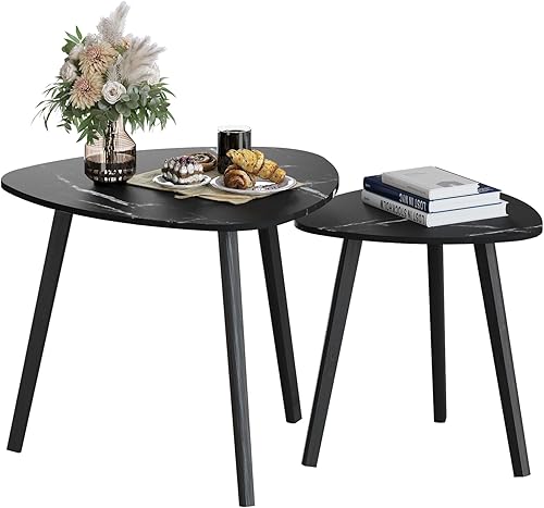 Miniatura 8 de BAMEOS Mesa auxiliar triangular anidable de bambú, juego de 2 mesas auxiliares modernas y minimalistas para sala de estar (negro)