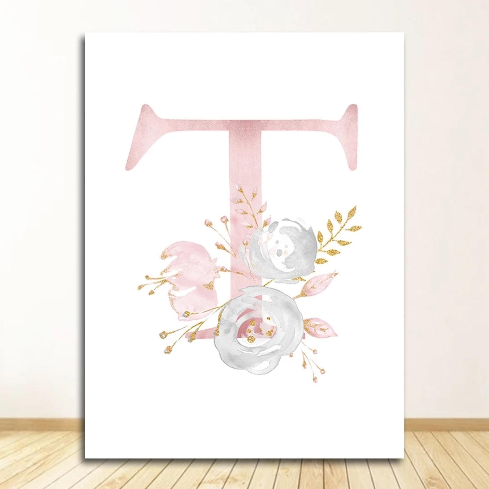 dsdsgog Flores Letra T Pintura para niñas Decoración del hogar Impresiones artísticas de la pared Nombre Lienzo personalizado Pósteres e impresiones Pinturas interiores 80x120cm Sin marco