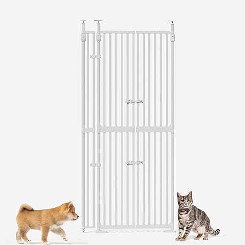 Miniatura 9 de Puerta para gatos extra alta de 74.8"-90.5" para puerta, cierre automático, montaje a presión sin taladro, con 3 pilares de soporte y puerta doble,