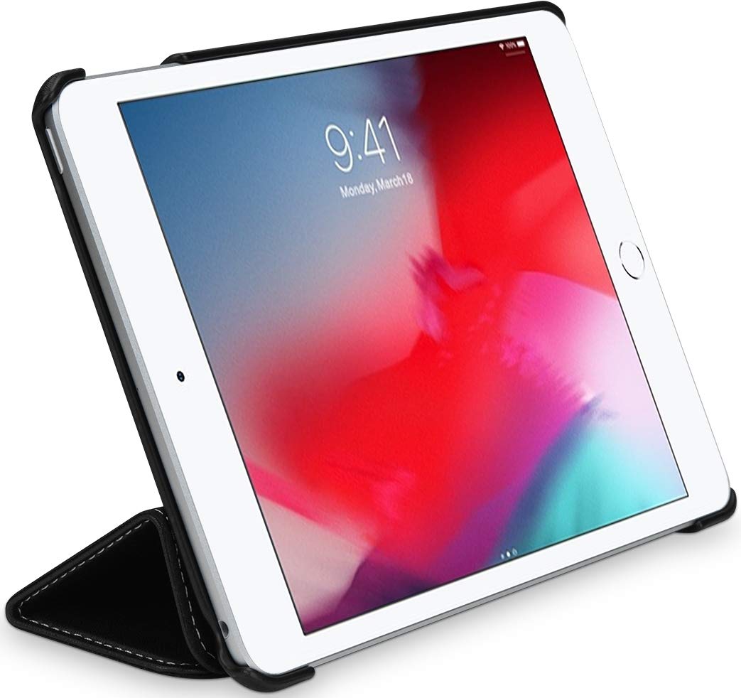 StilGut Echt Leder Hülle Kompatibel mit Apple iPad mini 5 (7,9 Zoll 2019), Couverture Smart Cover mit Standfunktion, Schwarz Nappa