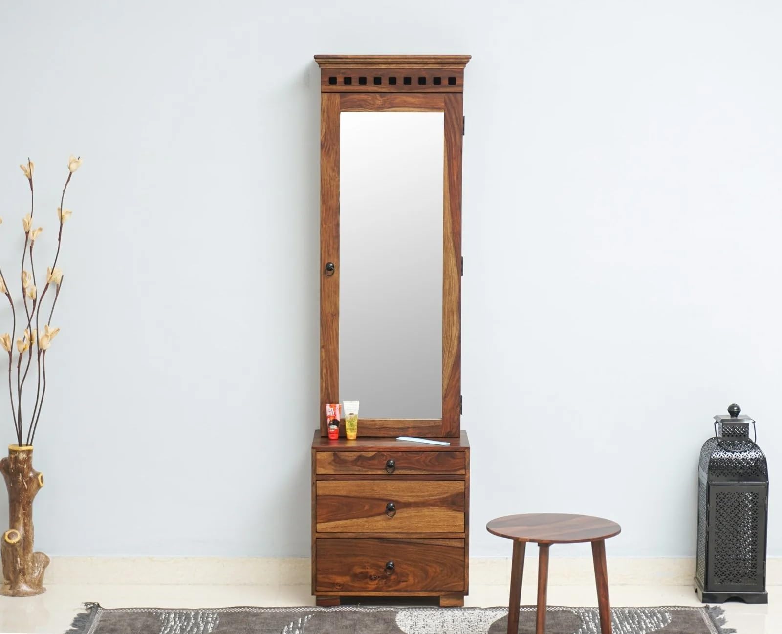 PIPERCRAFTS Sheesham Wood Dressing Table - Pre-Assembled - (Teak- Finish) | Bedroom Storage for Makeup & Accessories Organizer - with Mirror-image-10