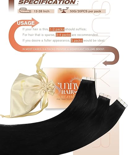Miniatura 5 de Sunny Hair - Extensiones adhesivas de cabello humano, 24 pulgadas, cinta invisible, color negro azabache, para mujeres, 1.76 onzas, 20 unidades