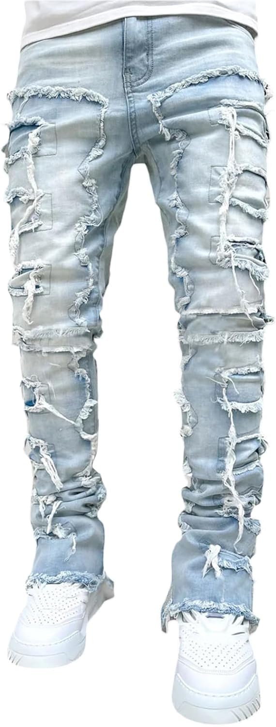 Pantalones Vaqueros para Hombre Y2K Stretch Patch Denim Straight Pants Men's Gothic Ripped Straight Workwear Fashion Streetwear
