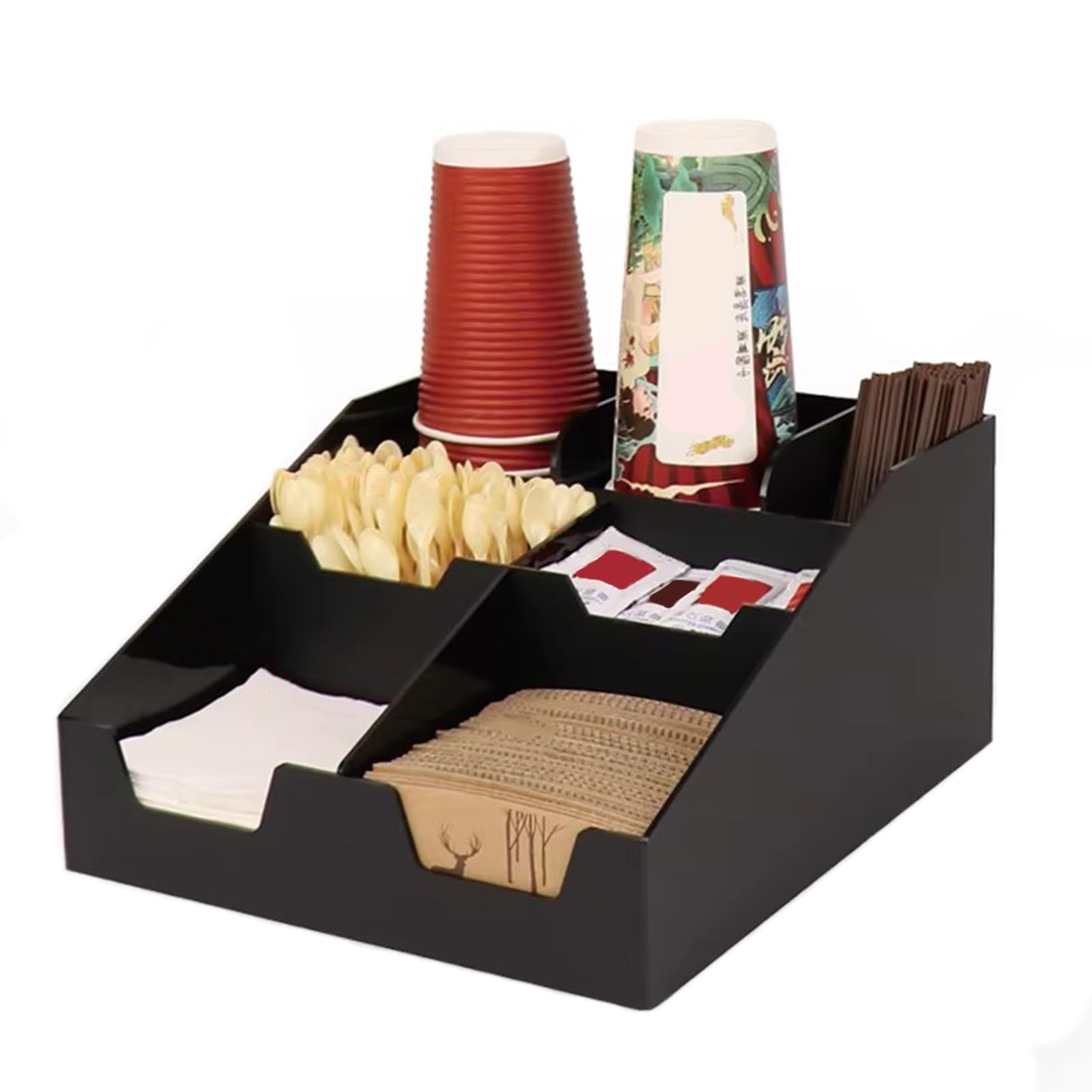 Einwegbecher-Spender, Kaffee und Tee Organizer, Aufbewahrungsbox Kaffeezubehör Zuckersticks Kaffeesahne, Teebeutel Kaffeepads Zubehör Aufbewahrung,Black 04
