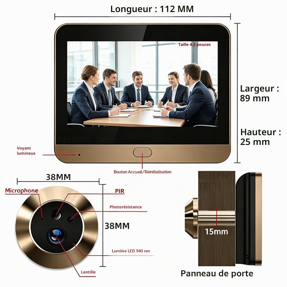 PDG1 Judas de Porte Camera Surveillance avec microSD de 32 Go,PIR Detection de Mouvement,3.0 MP Judas Numerique 4. 3" Écran Batterie 5000mAh, avec Microphone Pas d'interphone,Angle 140°