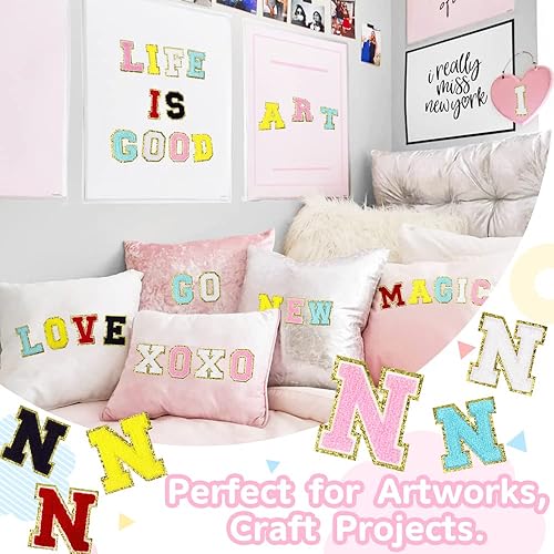 Miniatura 4 de 6 parches de letras de felpilla grandes de 3 pulgadas N, letras termo-adhesivas para tela y ropa, bordado con purpurina para chaqueta Letterman,