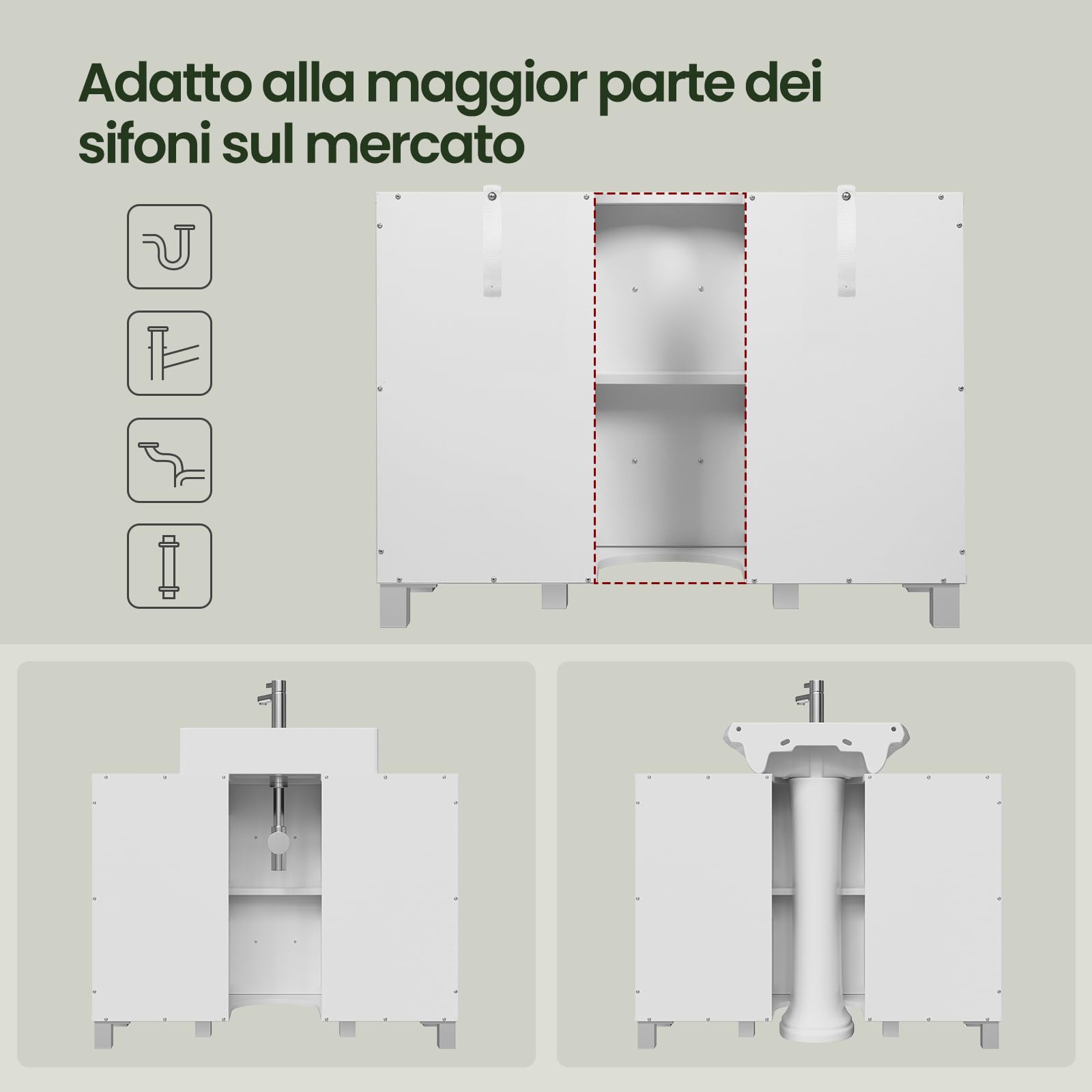 EUGAD Mobile Sottolavabo per Bagno con 2 Cassetti, Mobiletto Bagno Moderno da Terra 80x30x60 cm, con Foro per Sifone 20x22 cm, per Lavabo con Colonna, in Legno e Metallo, Bianco