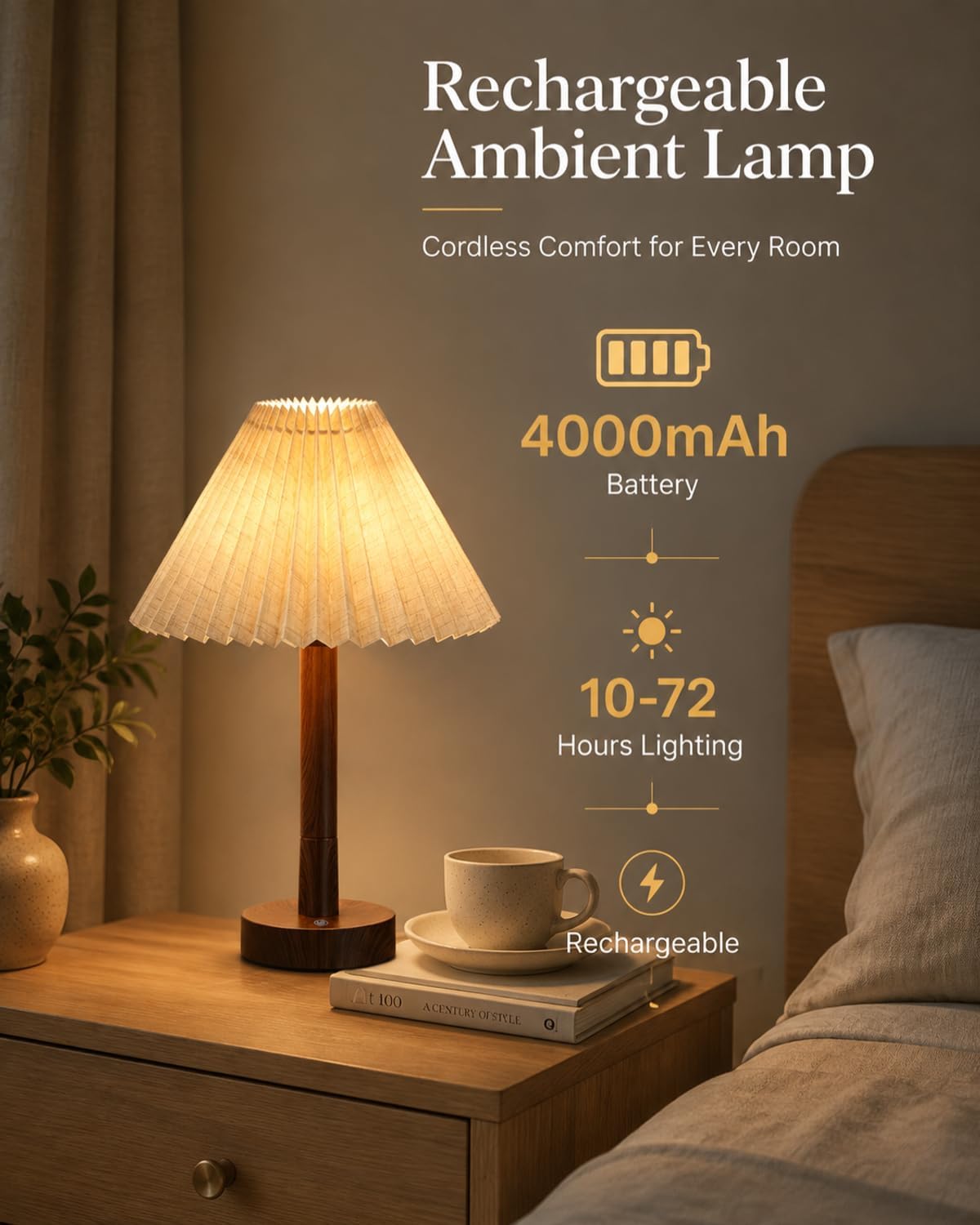 Touch Dimmable Bedside Light, Portable Rechargeable Table Lamp image 3
