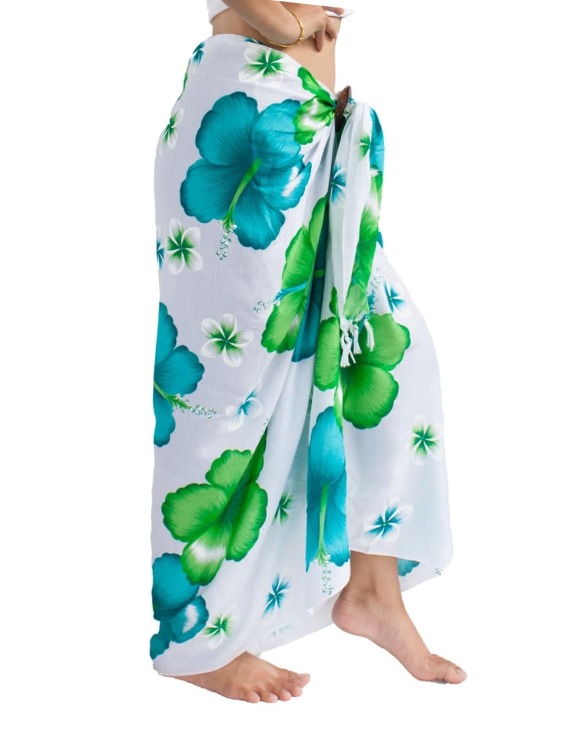 Chainupon Women's White Turquoise Aqua Flower Beach Pareos Sarong Sheer Long Swimsuit Cover Ups Bikini Wrap Skirt (White Turquoise Aqua Flower)