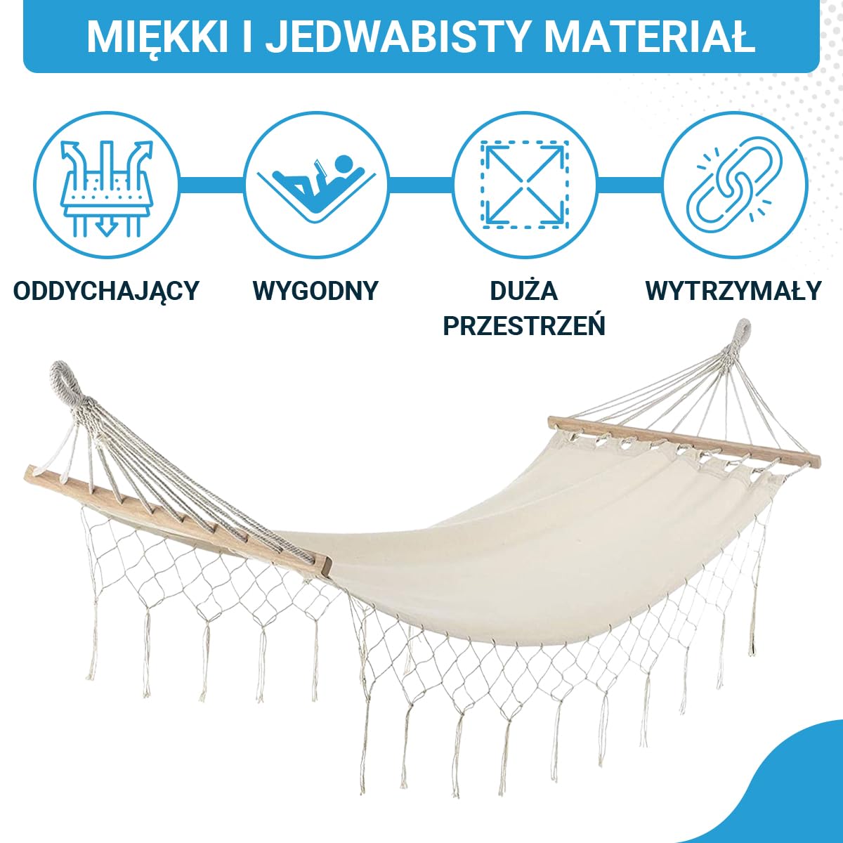 Luksusowy hamak z drążkiem Fleau Goods - Pełen wdzięku frędzle - 100% bawełny - Wygodny - Zawiera materiał do zawieszania i torbę do przenoszenia - 100 x 200 cm